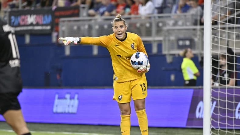 Aug 19, 2022; Kansas City, Kansas, USA;  Angel City FC goalkeeper DiDi Haracic (13) reacts during the second half against the Kansas City Current at Children's Mercy Park. Mandatory Credit: Amy Kontras-USA TODAY Sports