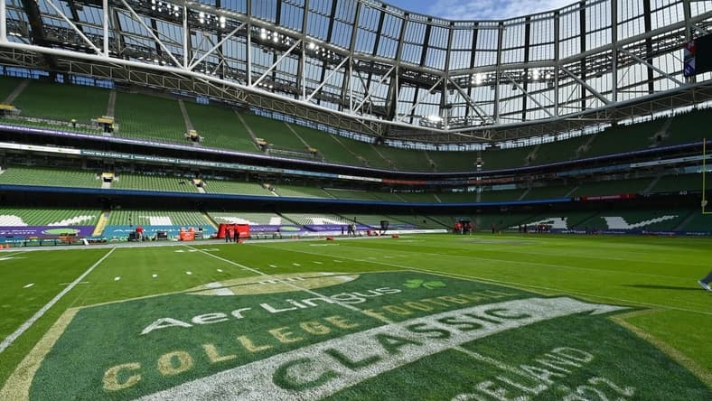 Aug 27, 2022; Dublin, IRELAND;  A general view of event branding on the pitch before the Aer Lingus college football series game between the Nebraska Cornhuskers and Northwestern Wildcats at Aviva Stadium. Mandatory Credit: Brendan Moran-USA TODAY Sports