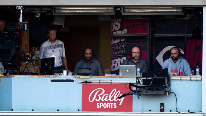 Cincinnati Reds first baseman Joey Votto participates in the live television broadcast of the Cincinnati Reds with Barry Larkin, center, and John Sadak, left, in the third inning of the MLB game between between the Cincinnati Reds and the St. Louis Cardinals at Great American Ball Park in Cincinnati, Wednesday, Aug. 31, 2022.
St Louis Cardinals At Cincinnati Reds