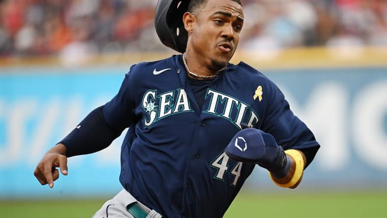 Sep 2, 2022; Cleveland, Ohio, USA; Seattle Mariners center fielder Julio Rodriguez (44) rounds third base en route to scoring during the first inning against the Cleveland Guardians at Progressive Field. Mandatory Credit: Ken Blaze-USA TODAY Sports