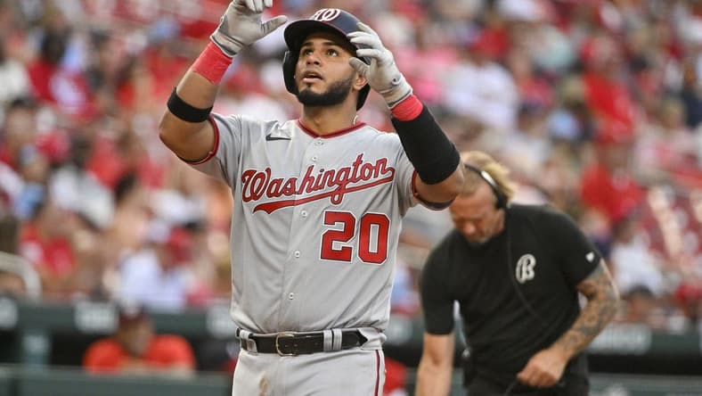 Sep 5, 2022; St. Louis, Missouri, USA; Washington Nationals catcher Keibert Ruiz (20) reacts after hitting a solo home run against the St. Louis Cardinals during the eighth inning at Busch Stadium. Mandatory Credit: Jeff Curry-USA TODAY Sports