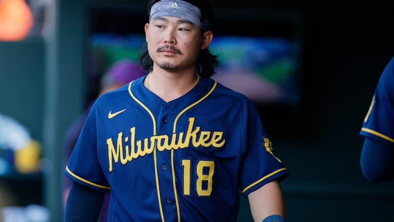 Sep 5, 2022; Denver, Colorado, USA; Milwaukee Brewers first baseman Keston Hiura (18) in the dugout in the ninth inning against the Colorado Rockies at Coors Field. Mandatory Credit: Isaiah J. Downing-USA TODAY Sports