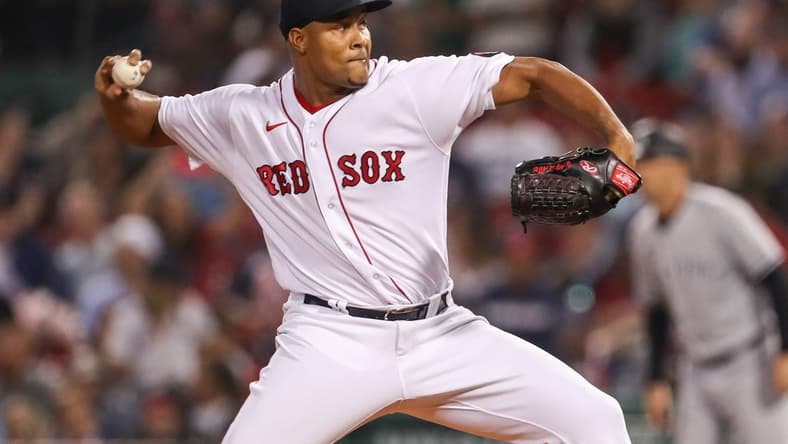 Sep 13, 2022; Boston, Massachusetts, USA; Boston Red Sox relief pitcher Jeurys Familia (31) delivers a pitch during the tenth inning against the New York Yankees at Fenway Park. Mandatory Credit: Paul Rutherford-USA TODAY Sports