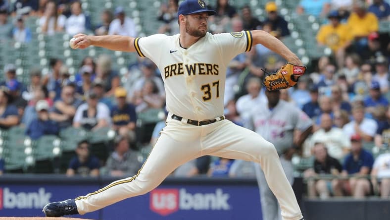 Sep 21, 2022; Milwaukee, Wisconsin, USA; Milwaukee Brewers starting pitcher Adrian Houser (37) delivers a pitch against the New York Mets in the first inning at American Family Field. Mandatory Credit: Michael McLoone-USA TODAY Sports