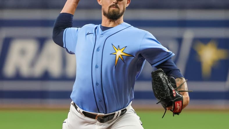 Sep 25, 2022; St. Petersburg, Florida, USA; Tampa Bay Rays relief pitcher Shawn Armstrong (64) trows a pitch during the seventh inning against the Toronto Blue Jays at Tropicana Field. Mandatory Credit: Mike Watters-USA TODAY Sports