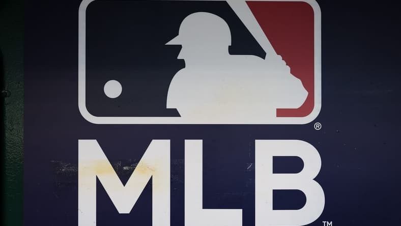 Oct 2, 2022; Washington, District of Columbia, USA; A view of the MLB logo in the dugout during the game between the Washington Nationals and the Philadelphia Phillies at Nationals Park. Mandatory Credit: Scott Taetsch-USA TODAY Sports