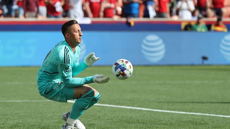 Oct 9, 2022; Sandy, Utah, USA; Portland Timbers goalkeeper Aljaz Ivacic (31) blocks a shot in the first half against Real Salt Lake at America First Field. Mandatory Credit: Rob Gray-USA TODAY Sports