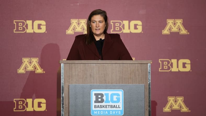 Oct 12, 2022; Minneapolis, Minnesota, US; Minnesota Golden Gophers women's head coach Lindsay Whalen speaks to the media during the Big Ten Basketball Media Days at Target Center. Mandatory Credit: Matt Krohn-USA TODAY Sports