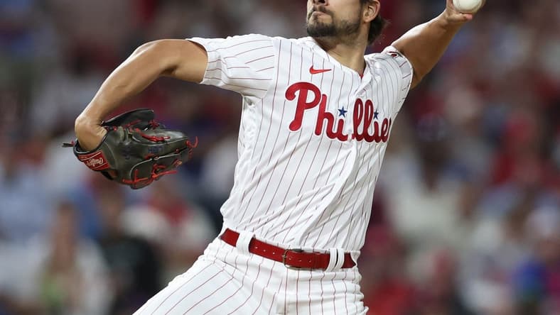 Oct 14, 2022; Philadelphia, Pennsylvania, USA; Philadelphia Phillies relief pitcher Brad Hand throws a pitch against the Atlanta Braves during the 8th inning in game three of the NLDS for the 2022 MLB Playoffs at Citizens Bank Park. Mandatory Credit: Bill Streicher-USA TODAY Sports