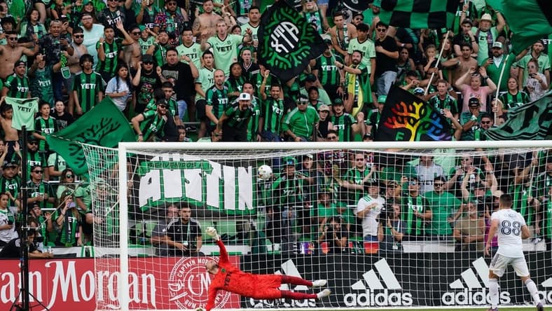 Oct 16, 2022; Austin, Texas, US; Real Salt Lake midfielder Braian Ojeda (88) shoots against Austin FC goalkeeper Brad Stuver (41) during a shootout in overtime at Q2 Stadium. Mandatory Credit: Scott Wachter-USA TODAY Sports