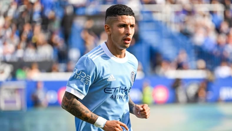 Oct 23, 2022; Montreal, Quebec, Canada; Look on New York City FC forward Santiago Rodriguez (20) against CF Montreal during the first half of the conference semifinals for the Audi 2022 MLS Cup Playoffs at Stade Saputo. Mandatory Credit: David Kirouac-USA TODAY Sports