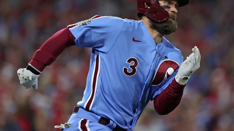 Nov 3, 2022; Philadelphia, Pennsylvania, USA; Philadelphia Phillies designated hitter Bryce Harper (3) runs to second base after hitting a double against the Houston Astros during the fifth inning in game five of the 2022 World Series at Citizens Bank Park. Mandatory Credit: Bill Streicher-USA TODAY Sports