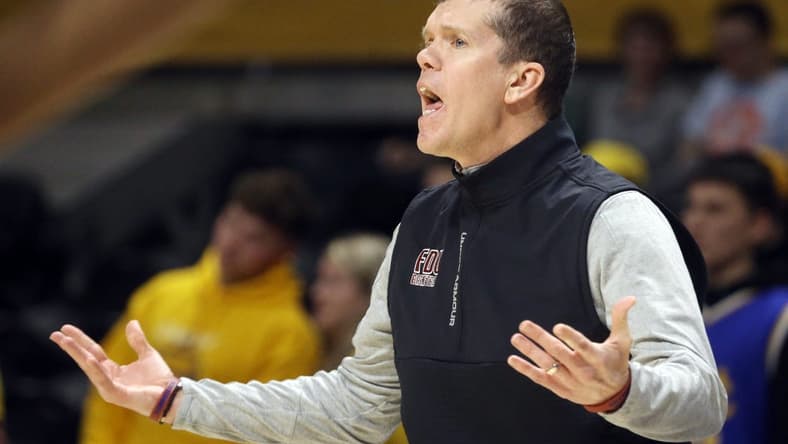 Nov 22, 2022; Pittsburgh, Pennsylvania, USA; Fairleigh Dickinson Knights head coach Tobin Anderson reacts to a foul call on the Knights against the Pittsburgh Panthers during the first half at the Petersen Events Center. Mandatory Credit: Charles LeClaire-USA TODAY Sports