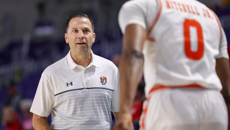 Nov 23, 2022; Fort Myers, Florida, USA; Sam Houston State Bearkats head coach Jason Hooten looks on from the bench in the second half against the South Dakota Coyotes during the Fort Myers Tip-Off Palms Division championship game at Suncoast Credit Union Arena. Mandatory Credit: Nathan Ray Seebeck-USA TODAY Sports