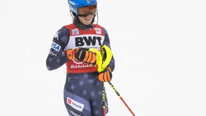 Nov 27, 2022; Killington, Vermont, USA; Mikaela Shiffrin of the United States finished 4th in the slalom race in the FIS alpine skiing World Cup at Killington Resort. Mandatory Credit: Erich Schlegel-USA TODAY Sports