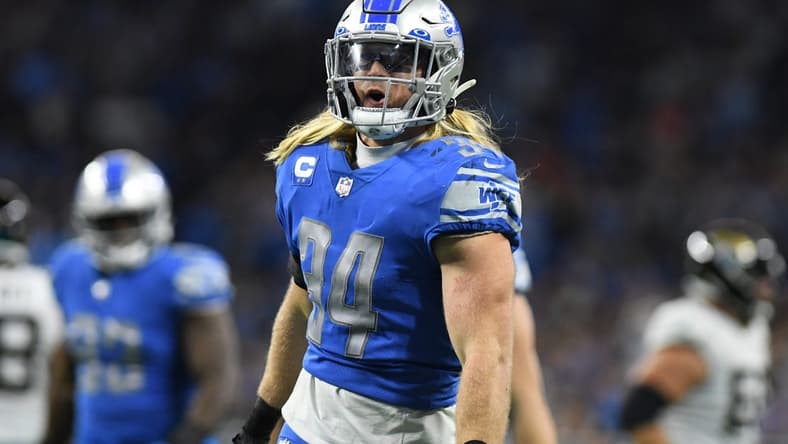 Dec 4, 2022; Detroit, Michigan, USA; Detroit Lions linebacker Alex Anzalone (34) celebrates after making a tackle against the Jacksonville Jaguars in the fourth quarter at Ford Field. Mandatory Credit: Lon Horwedel-USA TODAY Sports