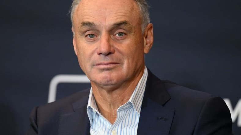 Dec 7, 2022; San Diego, CA, USA; MLB commissioner Rob Manfred looks on during the presentation of the Allan H. Selling Award for philanthropic excellence during the 2022 MLB Winter Meetings at Manchester Grand Hyatt. Mandatory Credit: Orlando Ramirez-USA TODAY Sports
