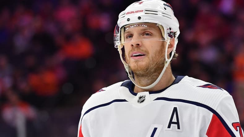 Dec 7, 2022; Philadelphia, Pennsylvania, USA; Washington Capitals defenseman John Carlson (74) against the Philadelphia Flyers at Wells Fargo Center. Mandatory Credit: Eric Hartline-USA TODAY Sports