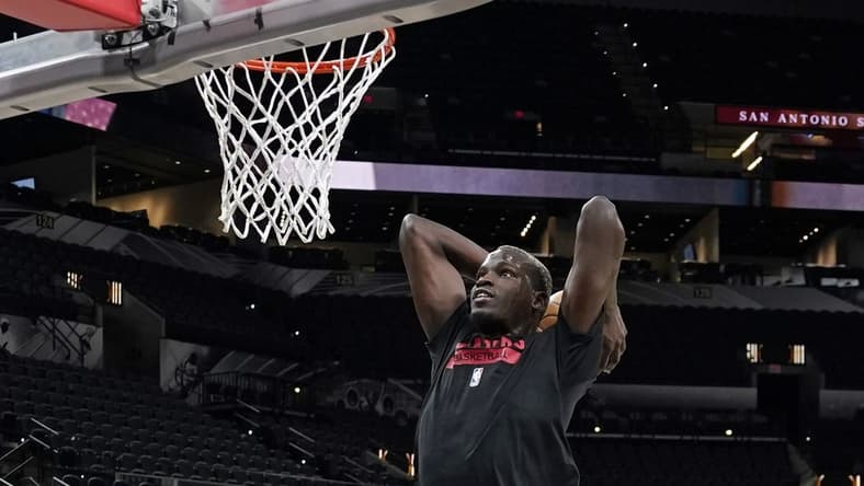 Dec 14, 2022; San Antonio, Texas, USA; Portland Trail Blazers center Ibou Badji (41) warms up before the game against the San Antonio Spurs at AT&T Center. Mandatory Credit: Scott Wachter-USA TODAY Sports