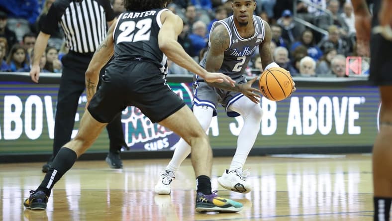 Dec 17, 2022; Newark, New Jersey, USA;  Seton Hall Pirates guard Al-Amir Dawes (2) moves the ball while Providence Friars guard Devin Carter (22) defends during the second half at Prudential Center. Mandatory Credit: Thomas Salus-USA TODAY Sports
