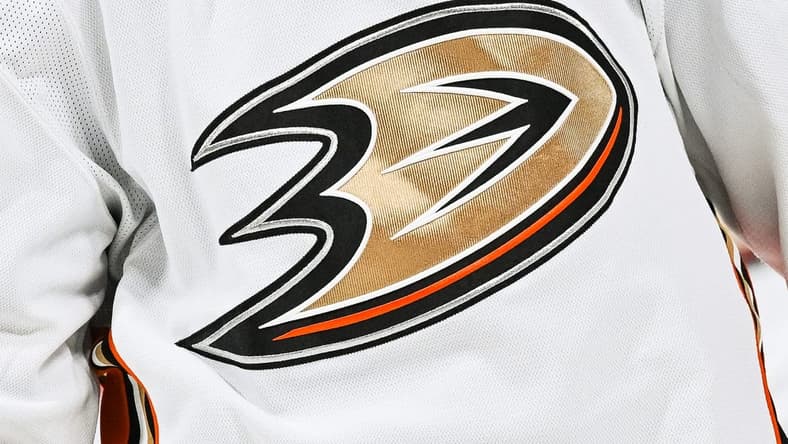 Dec 15, 2022; Montreal, Quebec, CAN; View of an Anaheim Ducks logo on a jersey worn by a member of the team during the second period at Bell Centre. Mandatory Credit: David Kirouac-USA TODAY Sports