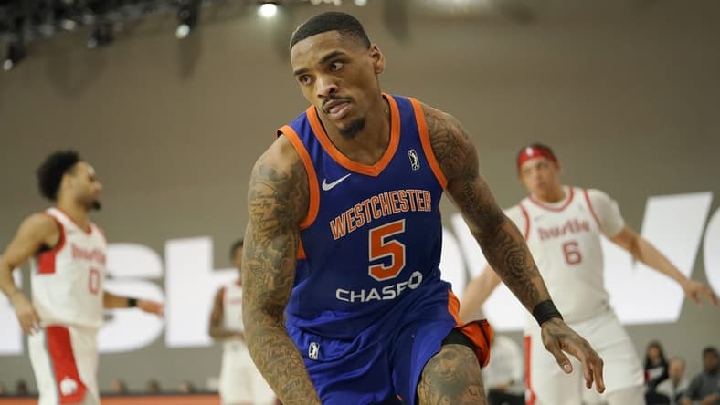 Dec 20, 2022; Las Vegas, NV, USA; Westchester Knicks guard/forward DaQuan Jeffries (5) reacts after dunking the ball against the Memphis Hustle during the second half at Mandalay Bay Convention Center. Mandatory Credit: Lucas Peltier-USA TODAY Sports