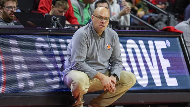 Dec 23, 2022; Piscataway, New Jersey, USA; Bucknell Bison head coach Nathan Davis during the second half against the Rutgers Scarlet Knights at Jersey Mike's Arena. Mandatory Credit: Vincent Carchietta-USA TODAY Sports
