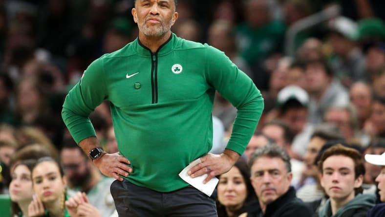 Dec 27, 2022; Boston, Massachusetts, USA; Boston Celtics assistant coach Damon Stoudamire reacts during the first half against the Houston Rockets at TD Garden. Mandatory Credit: Paul Rutherford-USA TODAY Sports