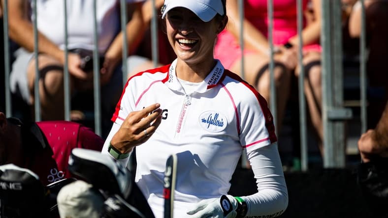 Nelly Korda  plays during the first round of the QBE Shootout at Tiburon Golf Club at the Ritz Carlton in Naples on Friday, Dec. 9, 2022. She was paired with Denny McCarthy.  They shot -12.

Qbe005