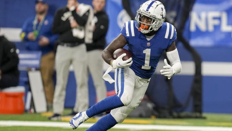 Jan 8, 2023; Indianapolis, Indiana, USA; Indianapolis Colts wide receiver Parris Campbell (1) rushes the ball after making a long reception Sunday, Jan. 8, 2023, during a game against the Houston Texans at Lucas Oil Stadium. Mandatory Credit: Jenna Watson-USA TODAY Sports