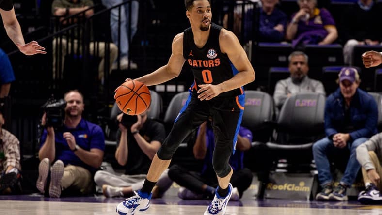 Jan 10, 2023; Baton Rouge, Louisiana, USA;  Florida Gators guard Myreon Jones (0) brings the ball up court against the LSU Tigers during the second half at Pete Maravich Assembly Center. Mandatory Credit: Stephen Lew-USA TODAY Sports