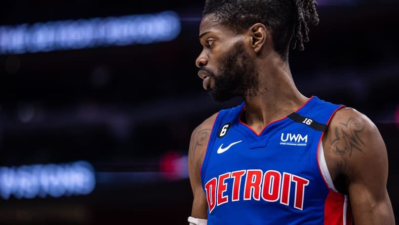 Jan 11, 2023; Detroit, Michigan, USA; Detroit Pistons center Nerlens Noel (9) looks on during a pause in play in the second quarter against the Minnesota Timberwolves at Little Caesars Arena. Mandatory Credit: Allison Farrand-USA TODAY Sports
