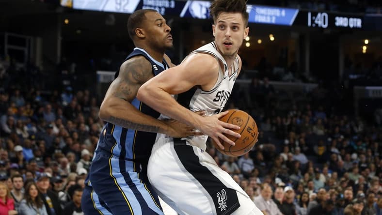 Jan 11, 2023; Memphis, Tennessee, USA; San Antonio Spurs forward Zach Collins (23) spins toward the basket as Memphis Grizzlies forward Xavier Tillman (2) defends during the second half at FedExForum. Mandatory Credit: Petre Thomas-USA TODAY Sports