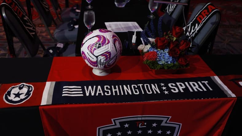 Jan 12, 2023; Philadelphia, Pennsylvania, USA; A general view of the Washington Spirit table prior to the NWSL Draft at Pennsylvania Convention Center. Mandatory Credit: Geoff Burke-USA TODAY Sports