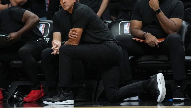 Jan 14, 2023; Miami, Florida, USA;  Miami Heat head coach Erik Speolstra looks on during the second half against the Milwaukee Bucks at Miami-Dade Arena. Mandatory Credit: Jim Rassol-USA TODAY Sports