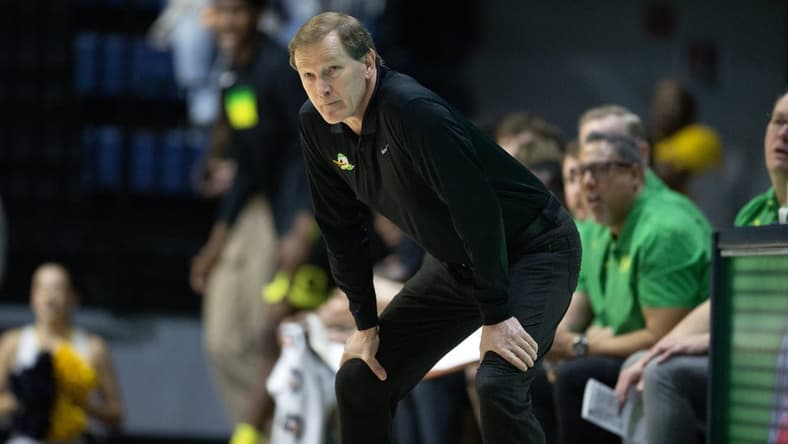 Jan 18, 2023; Berkeley, California, USA; Oregon Ducks head coach Dana Altman watches his team take on the California Golden Bears during the first half at Haas Pavilion. Mandatory Credit: D. Ross Cameron-USA TODAY Sports