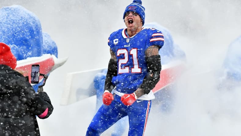 Jan 22, 2023; Orchard Park, New York, USA; Buffalo Bills safety Jordan Poyer (21) reacts before an AFC divisional round game between the Buffalo Bills and the Cincinnati Bengals at Highmark Stadium. Mandatory Credit: Mark Konezny-USA TODAY Sports