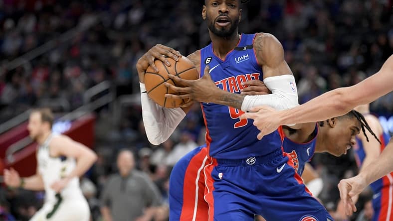 Jan 23, 2023; Detroit, Michigan, USA;  Detroit Pistons guard Nerlens Noel (9) pulls down a rebound against the Milwaukee Bucks in the third quarter at Little Caesars Arena. Mandatory Credit: Lon Horwedel-USA TODAY Sports
