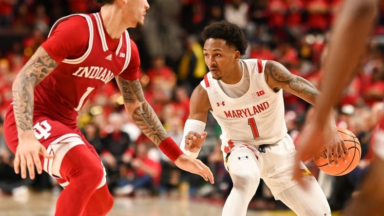 Jan 31, 2023; College Park, Maryland, USA; Maryland Terrapins guard Jahmir Young (1) as Indiana Hoosiers guard Jalen Hood-Schifino (1) defends during the second half at Xfinity Center. Mandatory Credit: Tommy Gilligan-USA TODAY Sports