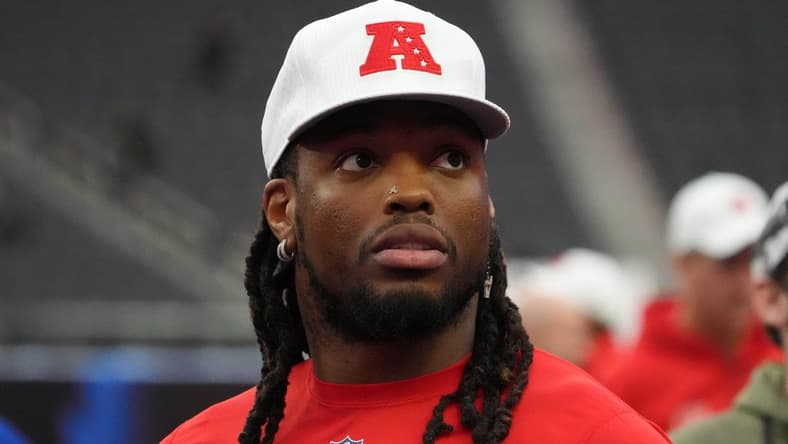 Feb 4, 2023; Paradise, NV, USA; AFC running back Derrick Henry of the Tennessee Titans (22) during Pro Bowl Games practice at Allegiant Stadium. Mandatory Credit: Kirby Lee-USA TODAY Sports