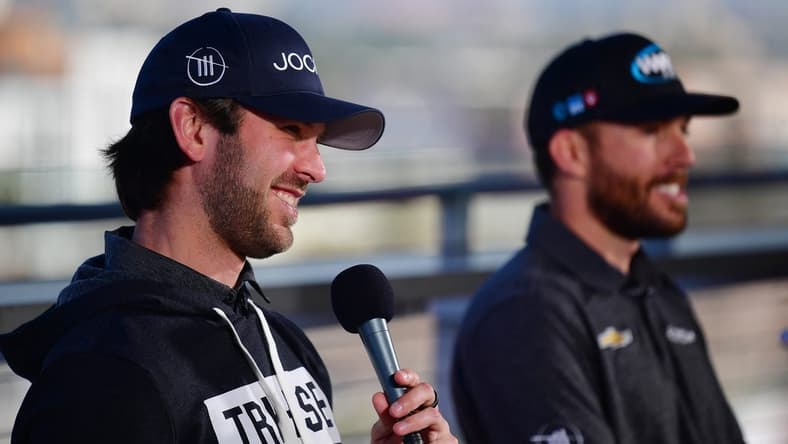 Feb 4, 2023; Los Angeles, California, USA; NASCAR Cup Series driver Daniel Suarez (99) and driver Ross Chastain (1) during media availabilities before practice for the Busch Light Clash at Los Angeles Memorial Coliseum. Mandatory Credit: Gary A. Vasquez-USA TODAY Sports