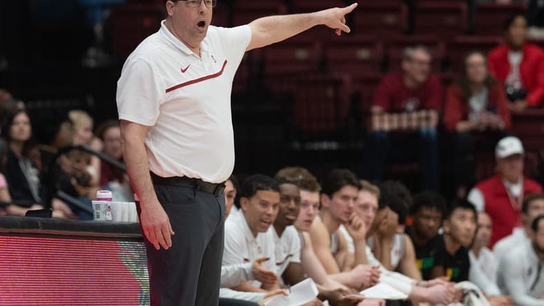 Feb 9, 2023; Stanford, California, USA; Stanford Cardinal head coach Jerod Haase reacts during the second half against the Arizona State Sun Devils at Maples Pavilion. Mandatory Credit: Stan Szeto-USA TODAY Sports