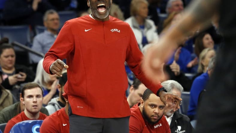 Feb 12, 2023; Memphis, Tennessee, USA; Temple Owls head coach Aaron McKie reacts during the first half against the Memphis Tigers at FedExForum. Mandatory Credit: Petre Thomas-USA TODAY Sports