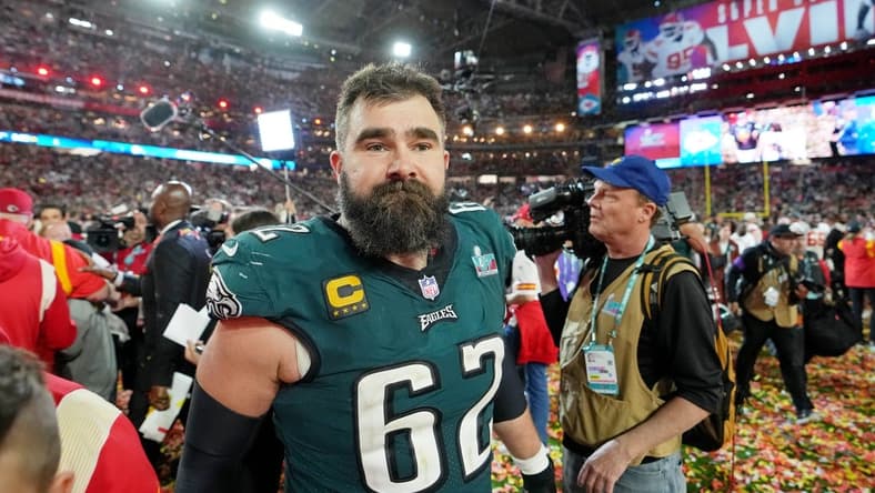 Feb 12, 2023; Glendale, Arizona, US; Philadelphia Eagles center Jason Kelce (62) walks on the field after losing Super Bowl LVII against the Kansas City Chiefs at State Farm Stadium. Mandatory Credit: Kirby Lee-USA TODAY Sports