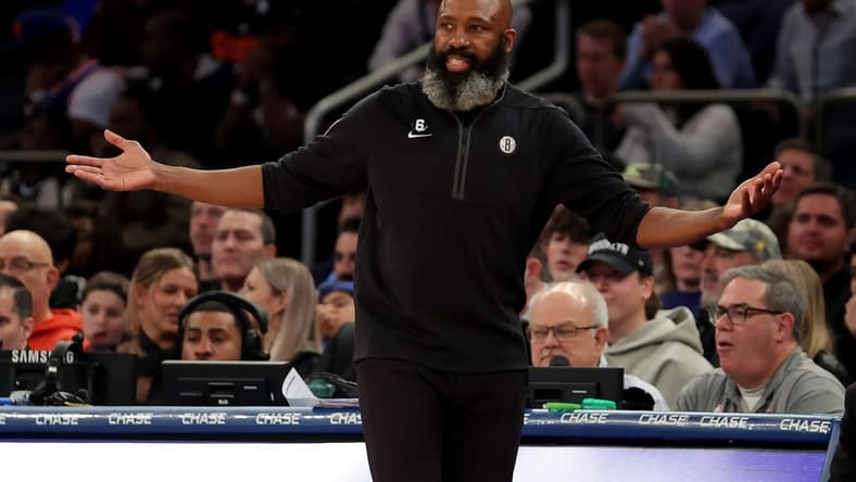 Feb 13, 2023; New York, New York, USA; Brooklyn Nets head coach Jacque Vaughn reacts during the third quarter against the New York Knicks at Madison Square Garden. Mandatory Credit: Brad Penner-USA TODAY Sports