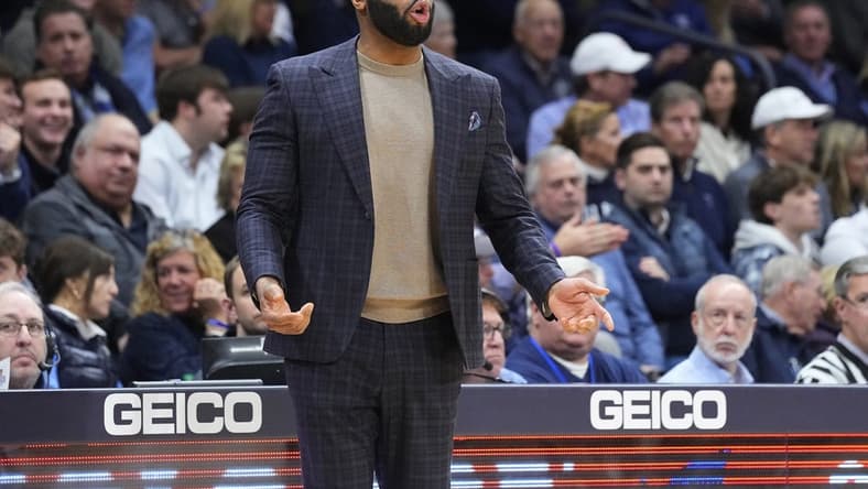 Feb 14, 2023; Villanova, Pennsylvania, USA; Villanova Wildcats head coach Kyle Neptune reacts to a play on the court during the first half against the Butler Bulldogs at William B. Finneran Pavilion. Mandatory Credit: Gregory Fisher-USA TODAY Sports