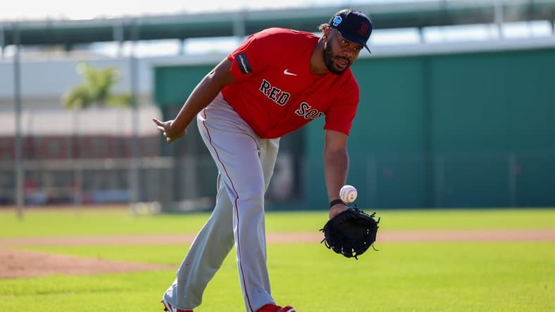 Feb 15, 2023; Fort Myers, FL, USA;  Boston Red Sox relief pitcher Kenley Jansen (74) participates in spring training workouts at Fenway South Player Development Complex. Mandatory Credit: Nathan Ray Seebeck-USA TODAY Sports