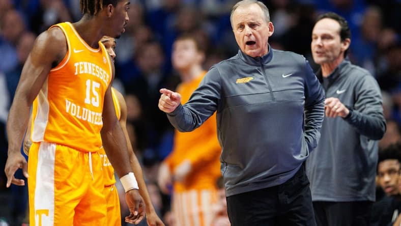 Feb 18, 2023; Lexington, Kentucky, USA; Tennessee Volunteers head coach Rick Barnes talks with guard Jahmai Mashack (15) during the first half against the Kentucky Wildcats at Rupp Arena at Central Bank Center. Mandatory Credit: Jordan Prather-USA TODAY Sports