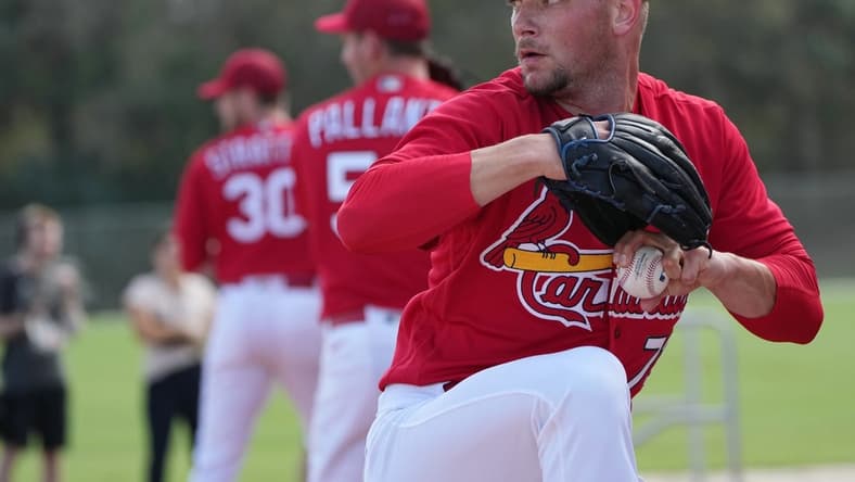 Feb 18, 2023; Jupiter, FL, USA; St. Louis Cardinals pitcher Anthony Misiewicz (72) warms up during spring training. Mandatory Credit: Jim Rassol-USA TODAY Sports