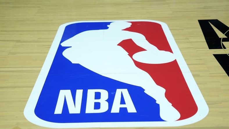 Feb 18, 2023; Salt Lake City, UT, USA; The NBA logo on the court at Huntsman Center. Mandatory Credit: Kirby Lee-USA TODAY Sports